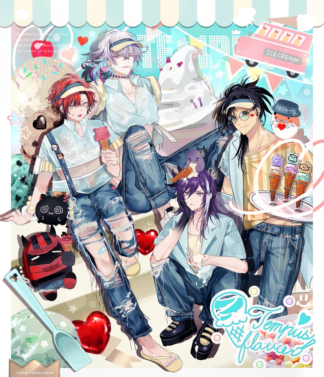 4boys, alternate_costume, banzoin_hakka, bettelion_(gavis_bettel), bird, black_hair, blue_eyes, blue_hair, blue_nails, blue_shirt, choker, creature, creature_on_shoulder, crown_(artist), denim, english_text, facial_hair, feather_hair_ornament, feathers, flip-flops, food, food_on_face, gavis_bettel, grey_hair, hair_ornament, hakkito_(banzoin_hakka), highres, holding, holding_food, holding_ice_cream, holding_plate, holostars, holostars_english, holotempus, ice_cream, ice_cream_on_face, jeans, josuiji_shinri, koi, koipanion_(josuiji_shinri), long_hair, looking_at_viewer, machina_x_flayon, machiroon_(machina_x_flayon), male_focus, multicolored_hair, multiple_boys, on_shoulder, one_eye_closed, open_clothes, open_shirt, pants, phantom_(gavis_bettel), pink_eyes, pink_hair, plate, ponytail, purple_hair, r-trus_(machina_x_flayon), redhead, round_eyewear, sandals, shirt, short_hair, short_sleeves, smile, star_(symbol), star_choker, streaked_hair, stubble, tinted_eyewear, tongue, tongue_out, torn_clothes, torn_jeans, torn_pants, utensil_in_mouth, virtual_youtuber, visor_cap
