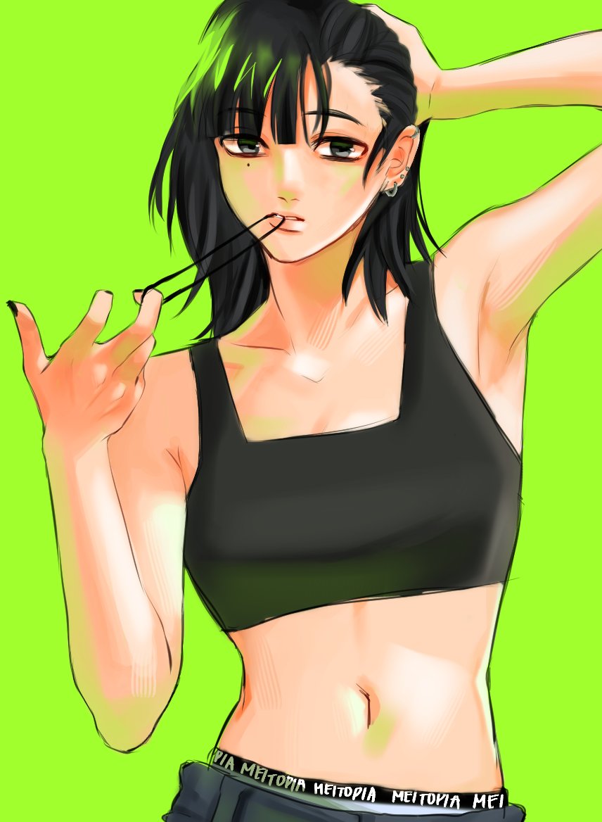 1girl, arm_up, armpits, artist_name, bare_shoulders, black_eyes, black_hair, black_nails