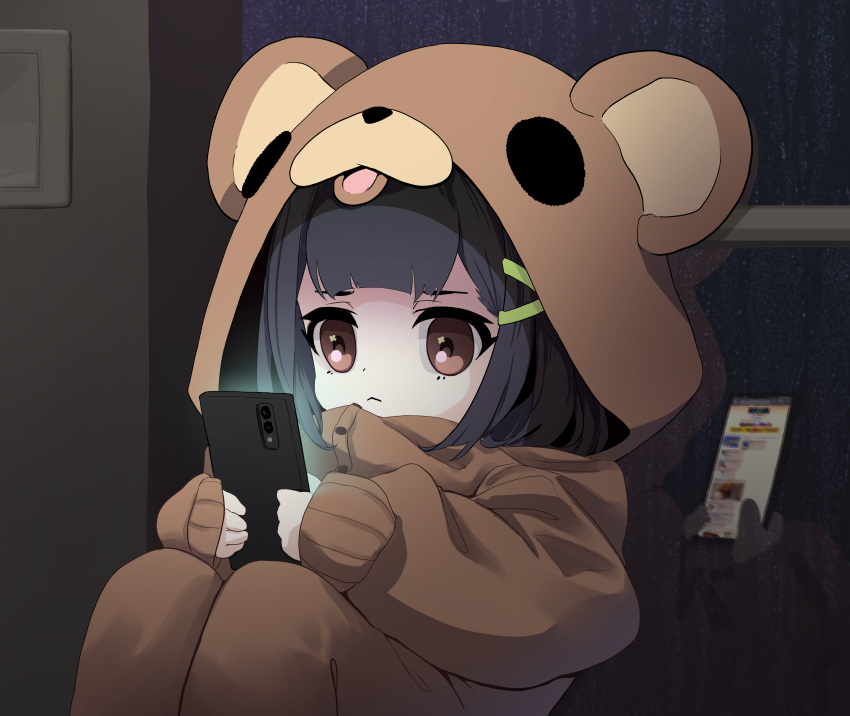 1girl, 4chan, absurdres, animal_costume, bear_costume, black_hair, brown_eyes, cellphone