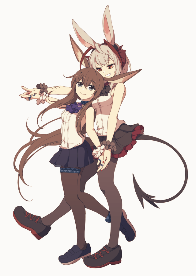 2girls, amiya_(arknights), animal_ear_hairband, animal_ears, antenna_hair, arknights, ascot, bare_shoulders