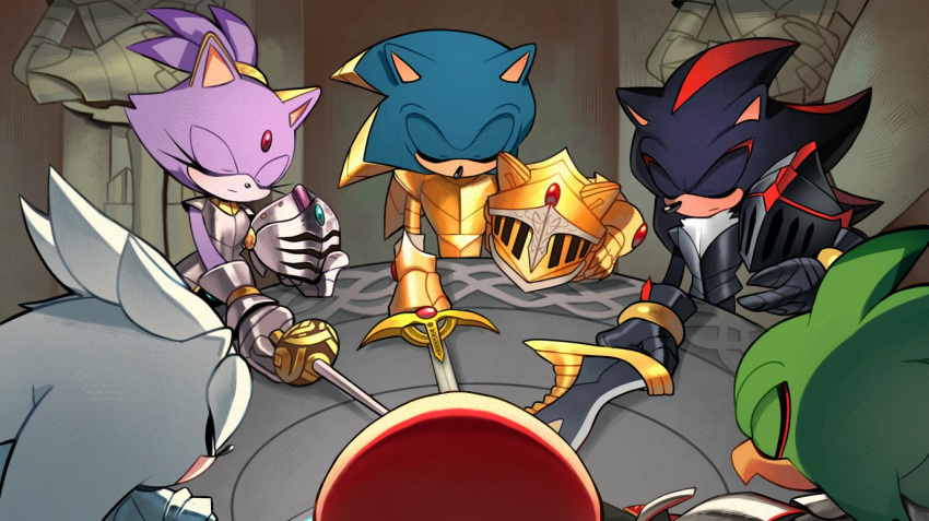 1girl, 5boys, animal_ears, animal_nose, armor, bird_boy, caliburn_(sonic), cat_girl