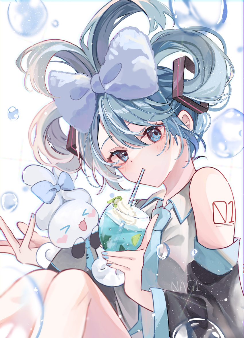 >o<, 1girl, absurdres, aqua_eyes, aqua_hair, aqua_nails, aqua_necktie, arm_tattoo