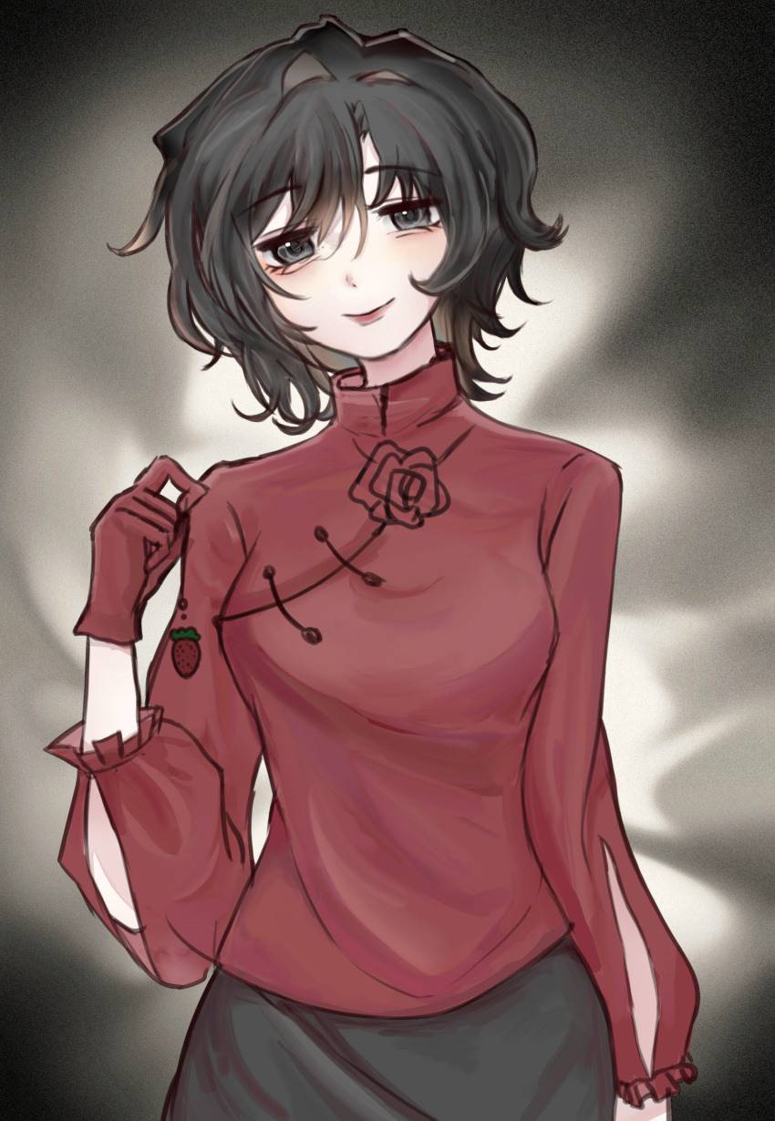 1girl, absurdres, black_eyes, black_hair, black_skirt, breasts, chinese_commentary, closed_mouth