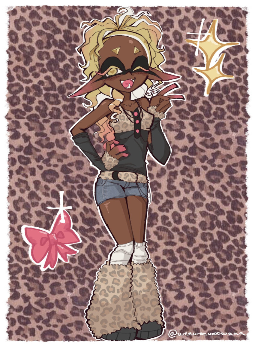 alternate_costume, animal_print, black_arm_warmers, blonde_hair, blush, bow, camisole, colored_extremities
