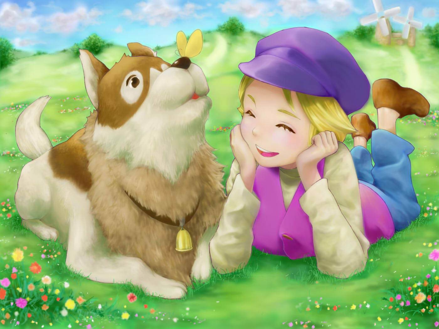 1boy, a_dog_of_flanders, bell, blue_hat, blue_sky, brown_footwear, bug, butterfly, closed_eyes, collar, day, dog, field, flower, hat, head_rest, kabuki662, long_sleeves, lying, neck_bell, nello_(a_dog_of_flanders), on_stomach, outdoors, purple_vest, short_hair, sky, solo, vest, windmill, yellow_butterfly