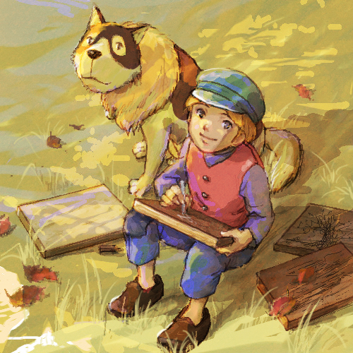 1boy, a_dog_of_flanders, blonde_hair, blue_hat, blue_pants, brown_footwear, day, dog
