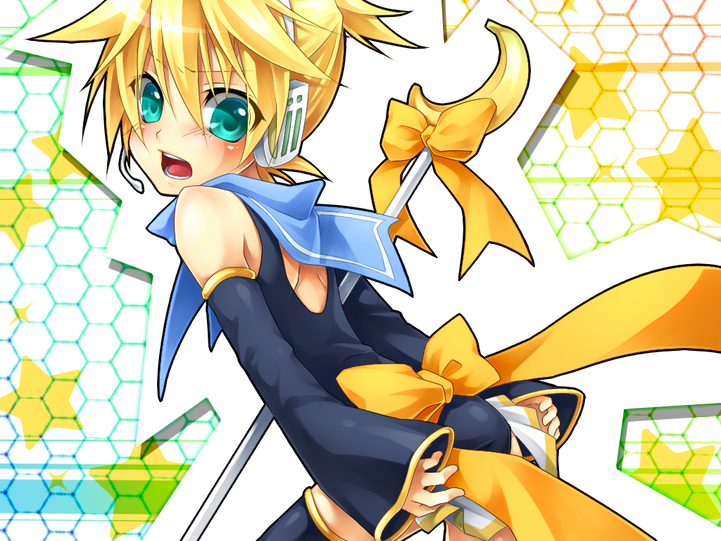 bad_id, blonde_hair, blush, detached_sleeves, headphones, kagamine_len, kagamine_len_no_bousou_(vocaloid), solo
