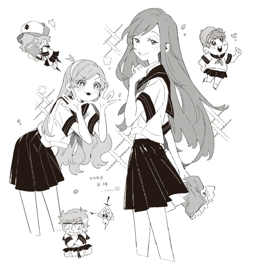 2girls, 4boys, :3, ahoge, animification, baseball_cap, bill_cipher, black_sailor_collar