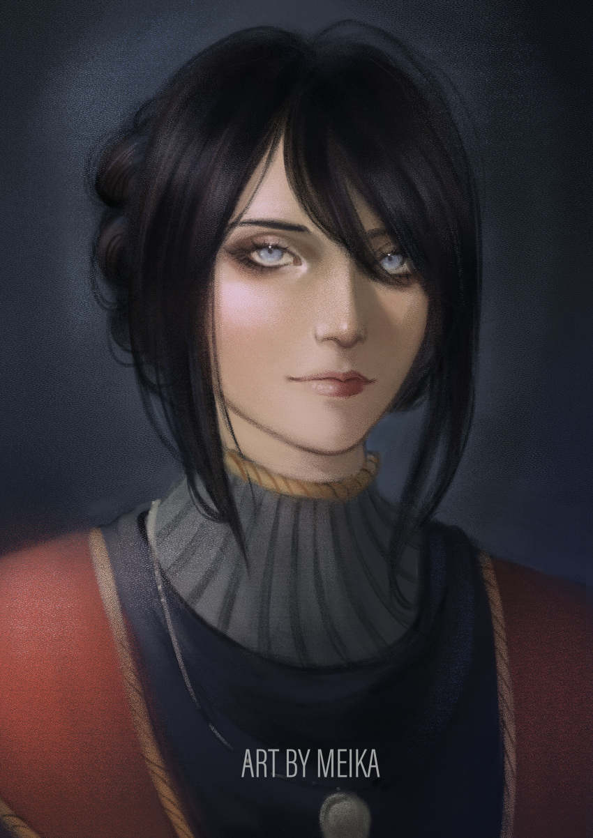 1girl, absurdres, artist_name, black_hair, blue_eyes, blue_robe, closed_mouth, elden_ring