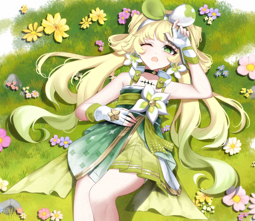 1girl, ;o, arm_up, bare_shoulders, black_choker, blonde_hair, blue_flower, blush