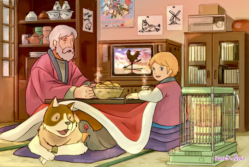 2boys, a_dog_of_flanders, basket, bell, bird, blue_eyes, bookshelf, contemporary