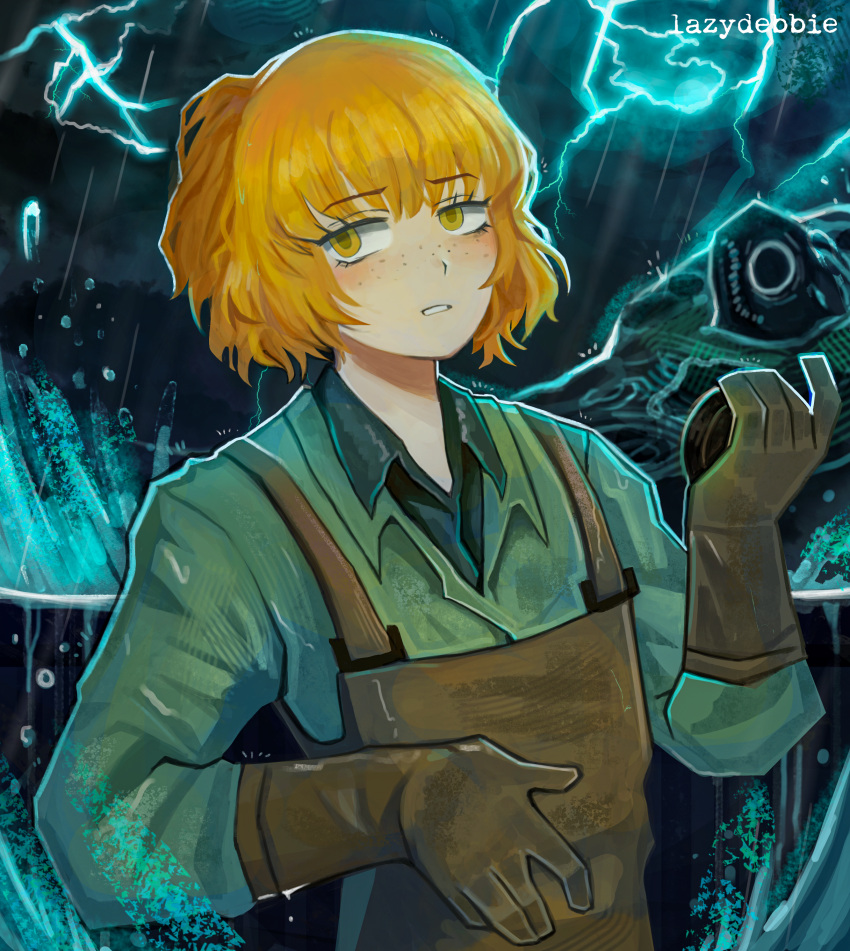 1girl, absurdres, apron, brown_apron, brown_gloves, collared_shirt, debbie_kimm, gloves, green_overalls, green_shirt, half_updo, highres, ishmael_(project_moon), limbus_company, medium_hair, mermaid_(project_moon), ocean, orange_eyes, orange_hair, project_moon, shirt, solo, storm, upper_body