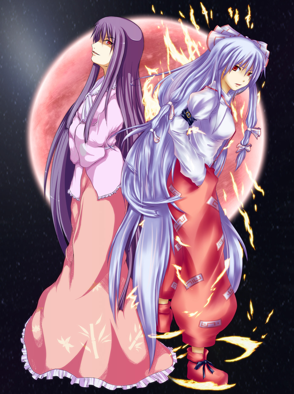 back-to-back, bow, fire, fujiwara_no_mokou, hair_bow, highres, houraisan_kaguya, long_hair
