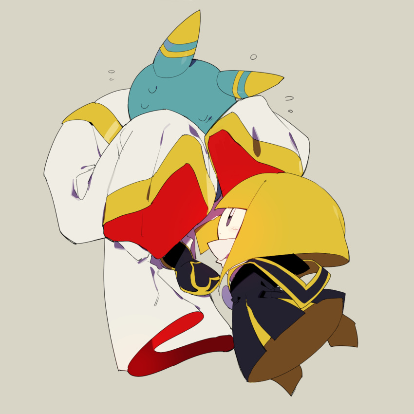 1boy, 1girl, :o, animal_ears, black_bridal_gauntlets, black_robe, blonde_hair, blue_skin