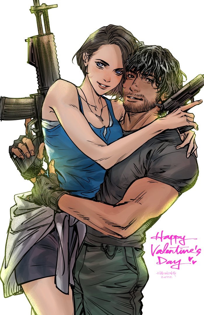 1boy, 1girl, arm_around_neck, arm_around_waist, artist_name, bare_arms, bare_shoulders, beard
