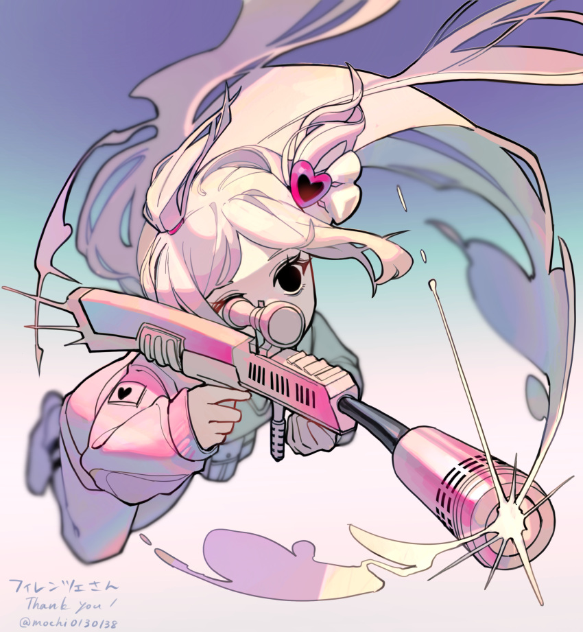 1girl, absurdres, aiming, black_eyes, clouds, employee_(project_moon), empty_eyes, firing