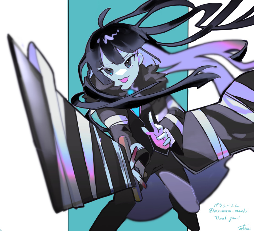 1girl, :3, absurdres, ahoge, bandages, black_coat, black_footwear, black_pants