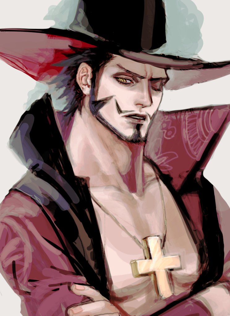 1boy, beard, coat, commentary_request, cross_pendant, crossed_arms, dracule_mihawk, facial_hair, hat_feather, high_collar, juugagon, looking_to_the_side, male_focus, mustache, one_eye_closed, one_piece, open_clothes, open_coat, ringed_eyes, short_hair, sideburns, simple_background, solo, upper_body, white_background, yellow_eyes