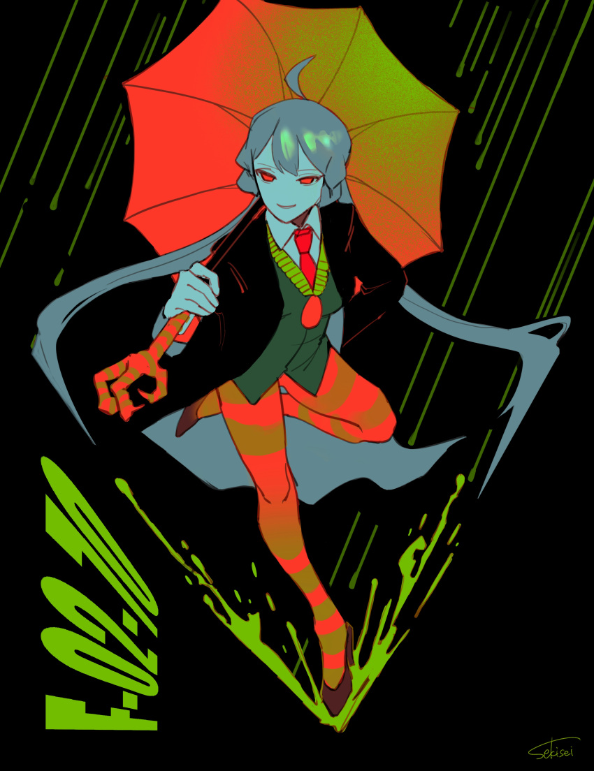 1girl, absurdres, ahoge, black_background, black_coat, black_footwear, black_swan_(e.g.o), braid, coat, e.g.o_(project_moon), employee_(project_moon), green_vest, grey_hair, highres, holding, holding_umbrella, lobotomy_corporation, long_hair, long_sleeves, looking_at_viewer, low_twintails, pantyhose, parted_lips, project_moon, rain, red_eyes, sekisei_mg, shoes, side_braids, simple_background, smile, solo, striped_clothes, striped_pantyhose, twintails, umbrella, very_long_hair, vest