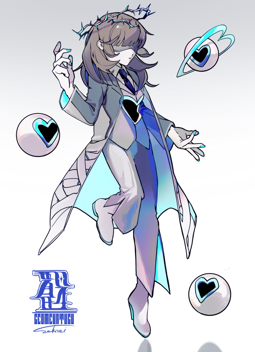 1girl, absurdres, blindfold, blue_nails, boots, brown_hair, coat, crown_of_thorns, e.g.o_(project_moon), employee_(project_moon), full_body, grey_coat, grey_pants, grey_vest, halo, hand_up, highres, lobotomy_corporation, long_hair, pants, project_moon, sekisei_mg, simple_background, solo, sound_of_a_star_(e.g.o), standing, standing_on_one_leg, vest, white_background, white_footwear