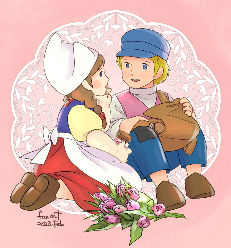 1boy, 1girl, :d, :o, a_dog_of_flanders, aloise_cogez, bag, blonde_hair