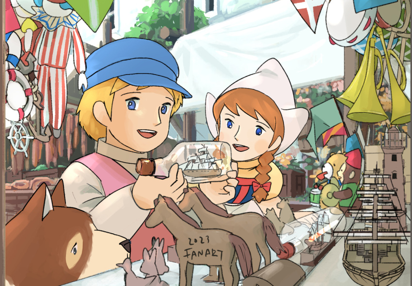 1boy, 1girl, a_dog_of_flanders, aloise_cogez, anchor_ornament, blonde_hair, blue_eyes, blue_hair