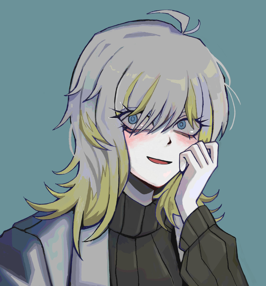 1girl, absurdres, antenna_hair, bloodshot_eyes, blue_background, blue_eyes, brown_sweater, coat