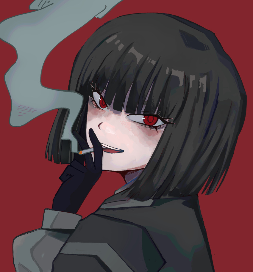 1girl, absurdres, black_coat, black_gloves, black_hair, bob_cut, cigarette, coat