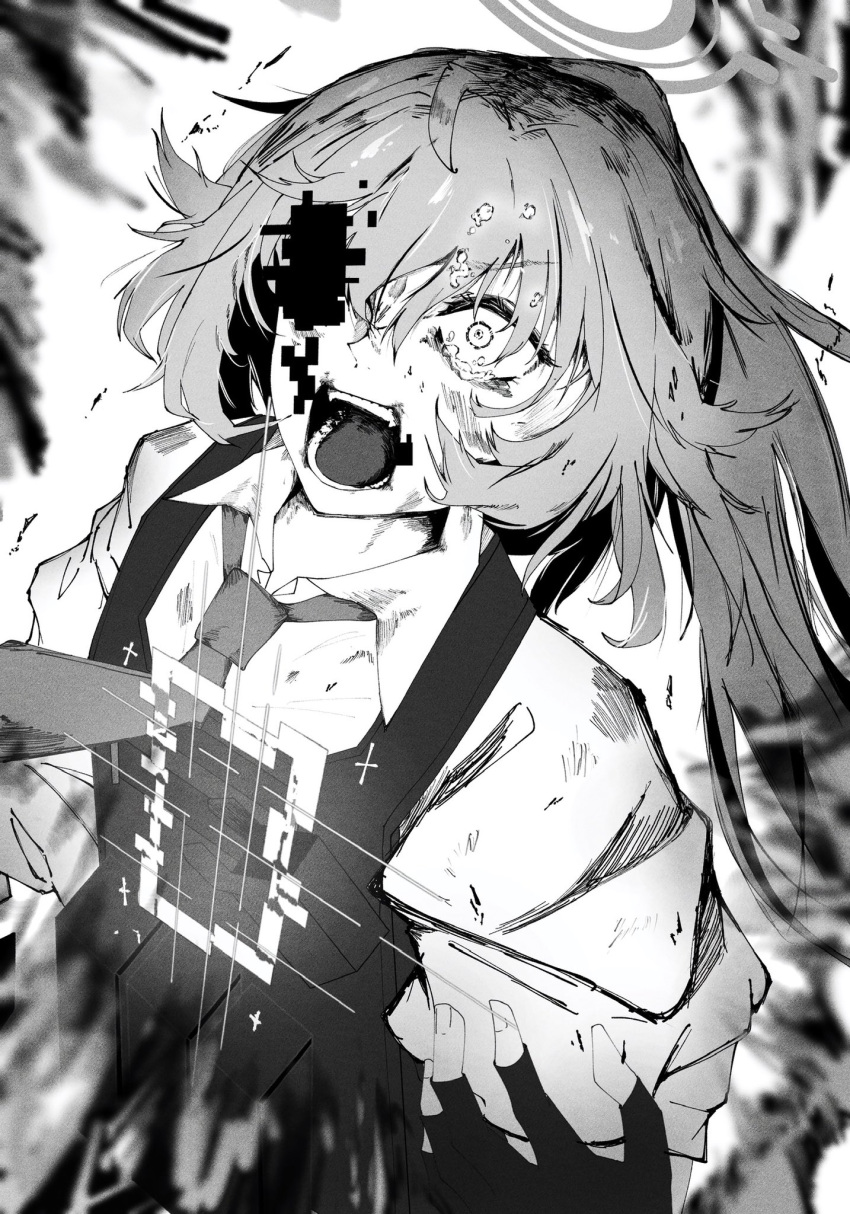 1girl, a_no_smithee, blue_archive, bulletproof_vest, constricted_pupils, digital_dissolve, fingerless_gloves, fingernails