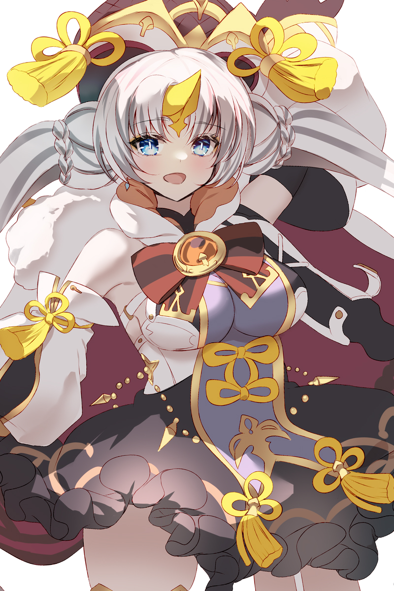 1girl, bare_shoulders, black_skirt, blue_eyes, bow, bowtie, breasts, detached_sleeves