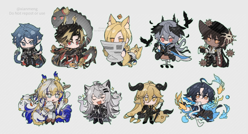 3girls, 6+boys, animal_ears, arknights, bead_bracelet, beads, bird, black_coat