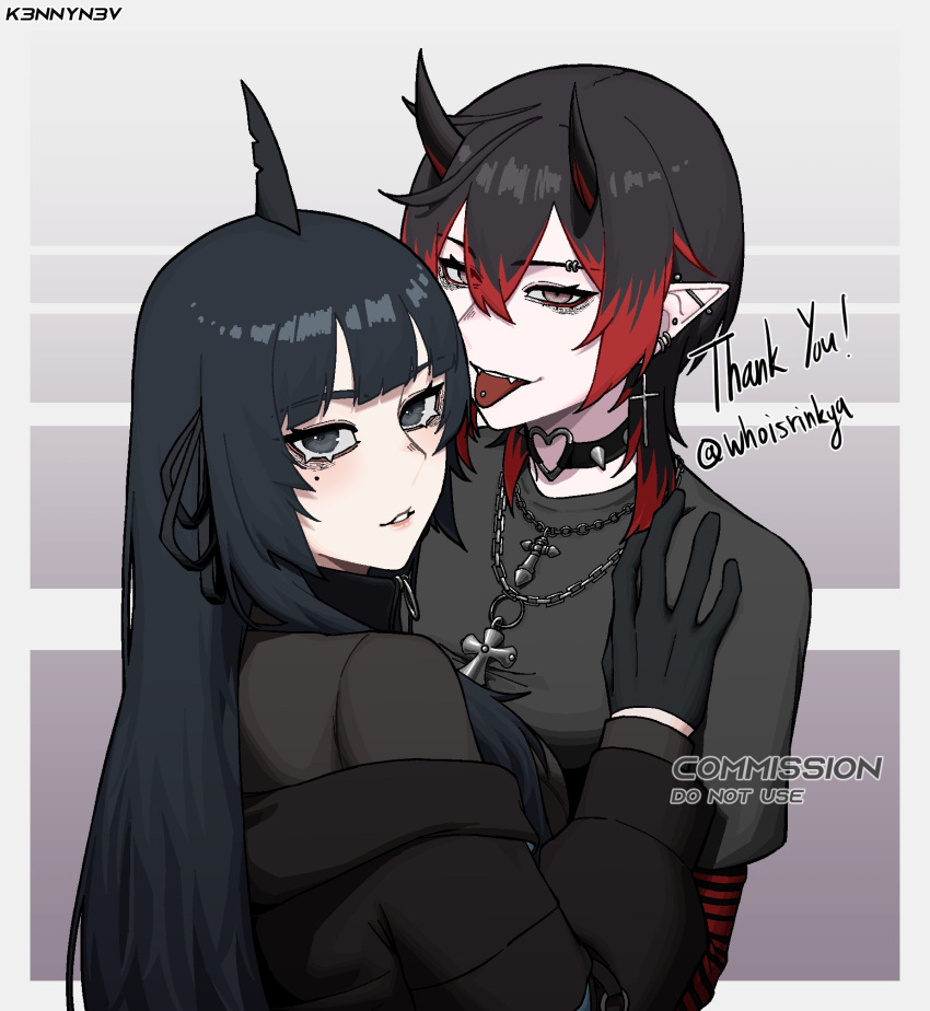 2girls, artemis_of_the_blue, artist_name, atelier_live, black_gloves, black_hair, border, collar