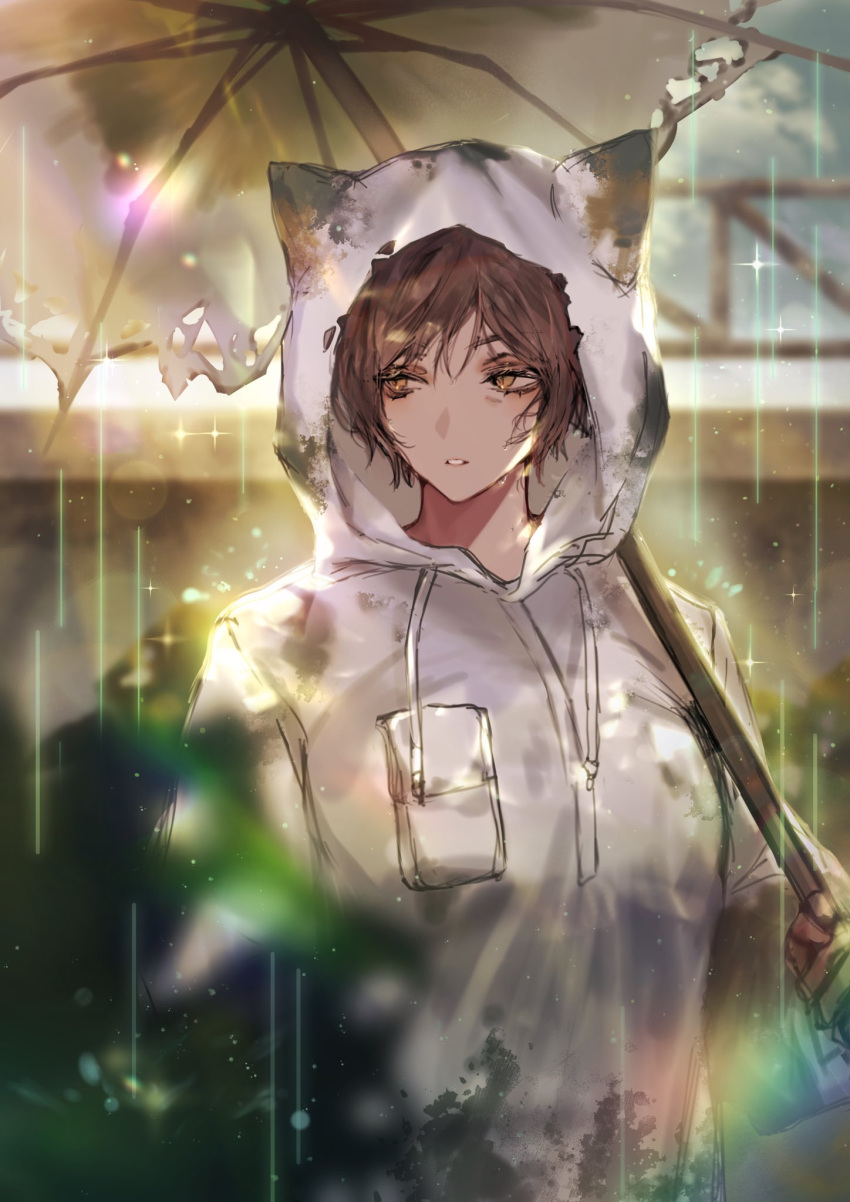 1girl, animal_ears, blurry, blurry_background, bush, dark-skinned_female, dark_skin, devilgoodbaby, e.g.o_(project_moon), fox_ears, highres, holding, holding_umbrella, hood, hood_up, limbus_company, looking_to_the_side, outis_(project_moon), parted_lips, project_moon, rain, raincoat, short_hair, sidelocks, solo, sunshower_(e.g.o), umbrella, upper_body, white_raincoat