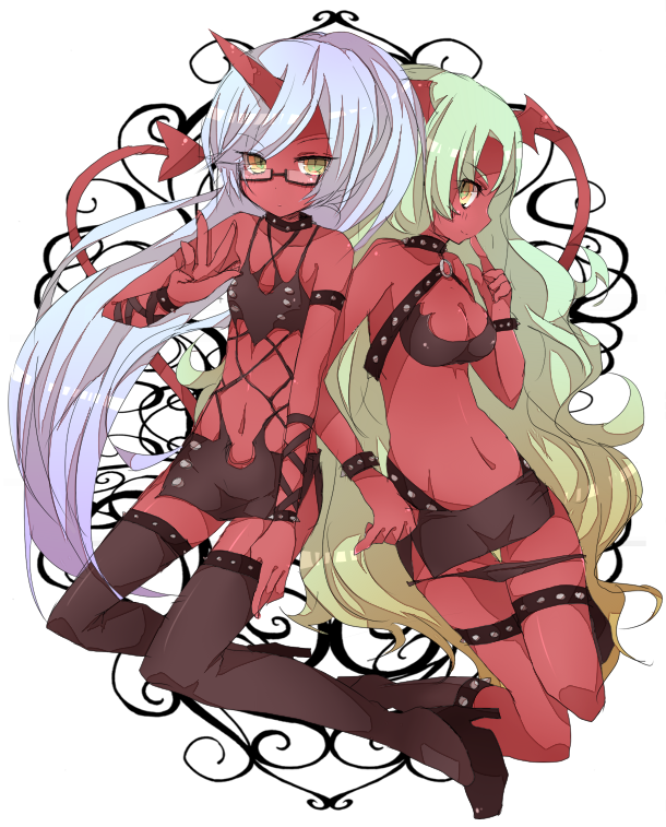 horns, kneesocks_(character), kneesocks_(psg), nanase_(ribonshitoron), panty_&amp;_stocking_with_garterbelt, red_skin, scanty, scanty_(psg)