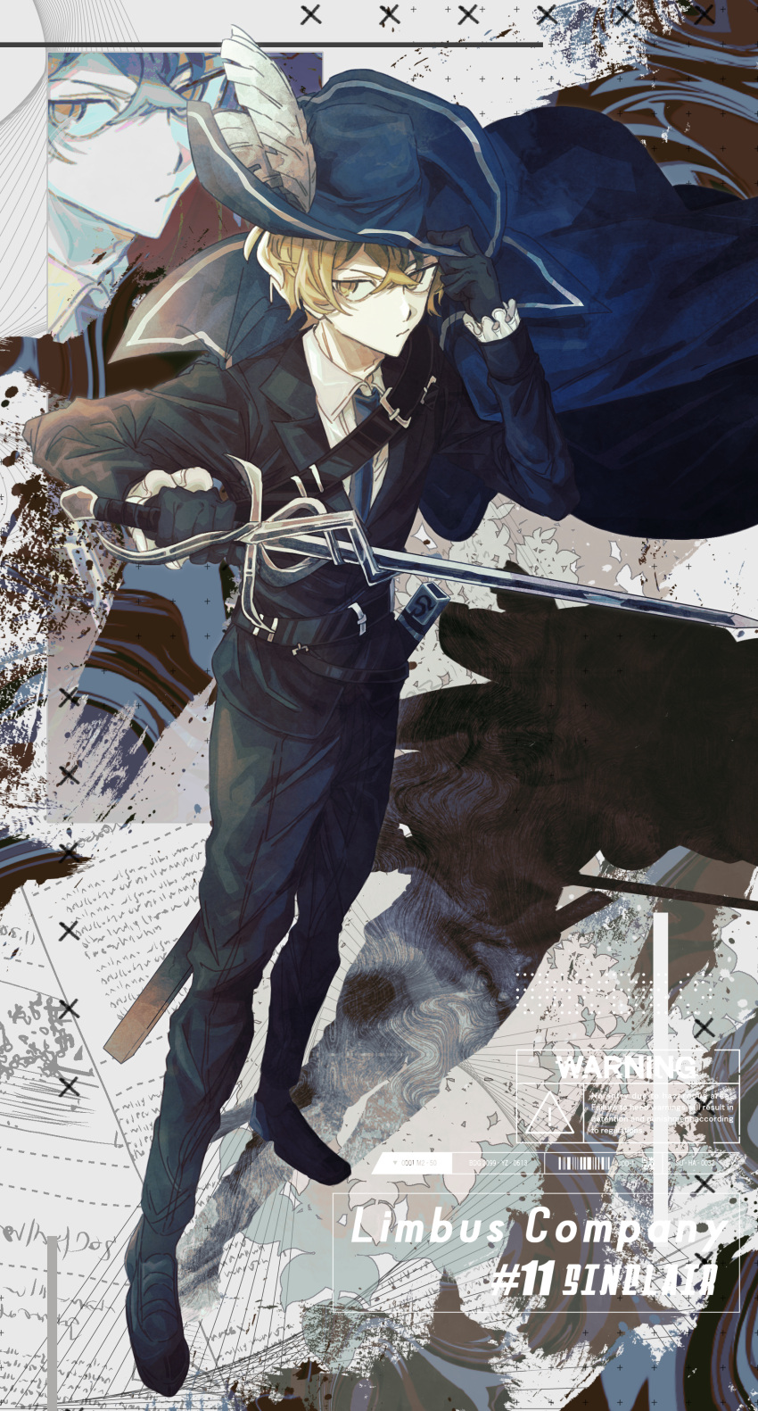 1boy, 7_yukizi, absurdres, belt, black_belt, black_footwear, black_gloves, black_jacket, black_pants, blue_cape, blue_hat, cape, cinq_association_(identity)_(project_moon), collared_shirt, frilled_sleeves, frills, full_body, gloves, hand_up, hat, highres, holding, holding_sword, holding_weapon, jacket, limbus_company, looking_at_viewer, pants, project_moon, rapier, sheath, shirt, shoes, sinclair_(project_moon), solo, standing, sword, weapon, white_shirt, wing_collar