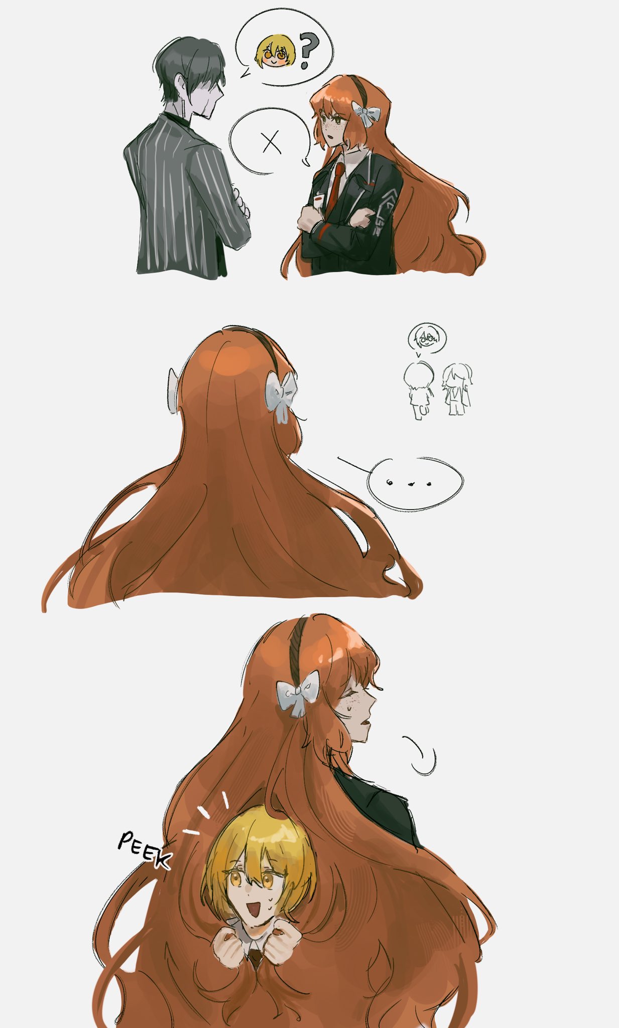 ..., 1boy, 3girls, ?, black_coat, black_hair, blush_stickers, bow