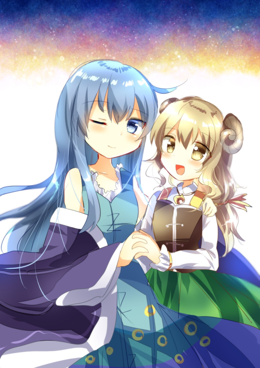 2girls, blonde_hair, blue_dress, blue_eyes, blue_hair, electricity, fantasy_maiden_wars, gensou_shoujo_taisen