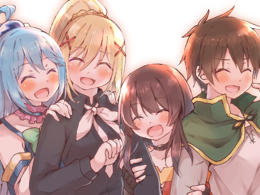 1boy, 3girls, :d, ^_^, aqua_(konosuba), black_choker, black_gloves, black_shirt, blonde_hair, blue_dress, blue_hair, braid, brown_hair, capelet, casual, choker, closed_eyes, collarbone, commentary, crown_braid, curled_fingers, darkness_(konosuba), dress, dress_shirt, elbow_gloves, fingerless_gloves, frilled_choker, frills, gloves, green_capelet, hair_between_eyes, hair_ornament, hands_on_another's_arms, hands_on_another's_shoulders, height_difference, high_ponytail, ikasumi_82, kono_subarashii_sekai_ni_shukufuku_wo!, long_sleeves, megumin, multiple_girls, neckerchief, open_mouth, pink_choker, ponytail, red_dress, satou_kazuma, scratching_cheek, shirt, short_hair, short_hair_with_long_locks, side-by-side, sidelocks, single_hair_ring, smile, tunic, two-tone_dress, upper_body, white_background, white_dress, white_gloves, white_neckerchief, white_shirt, x_hair_ornament, yellow_trim