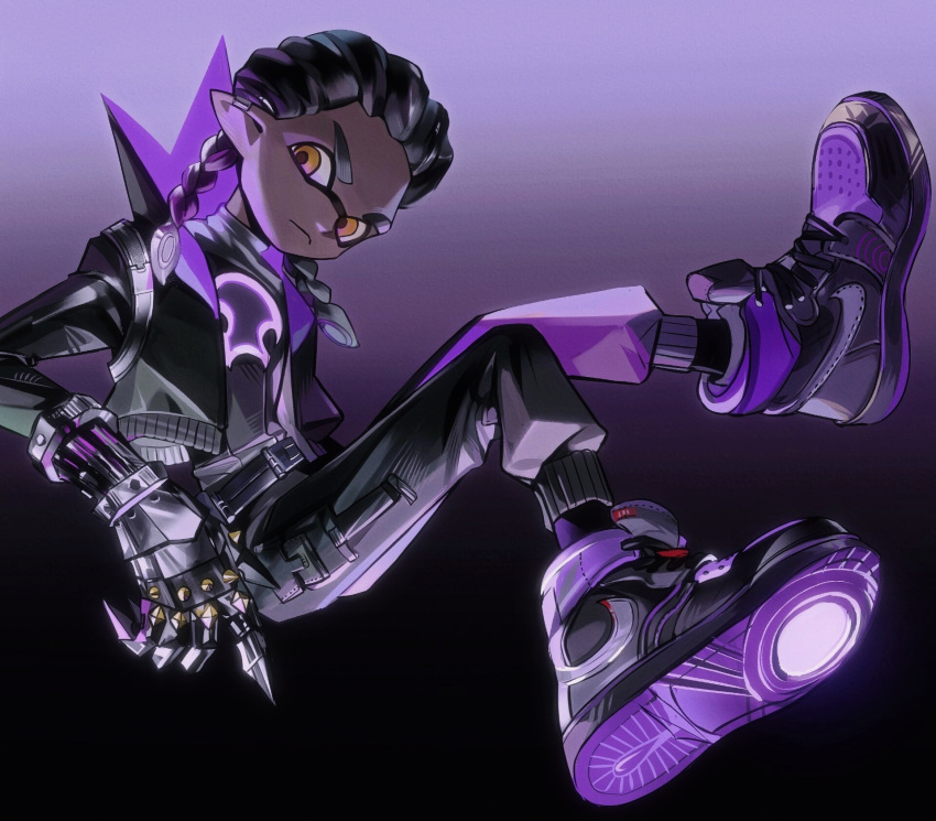 1boy, alternate_species, belt, black_background, black_belt, black_footwear, black_hair, black_jacket