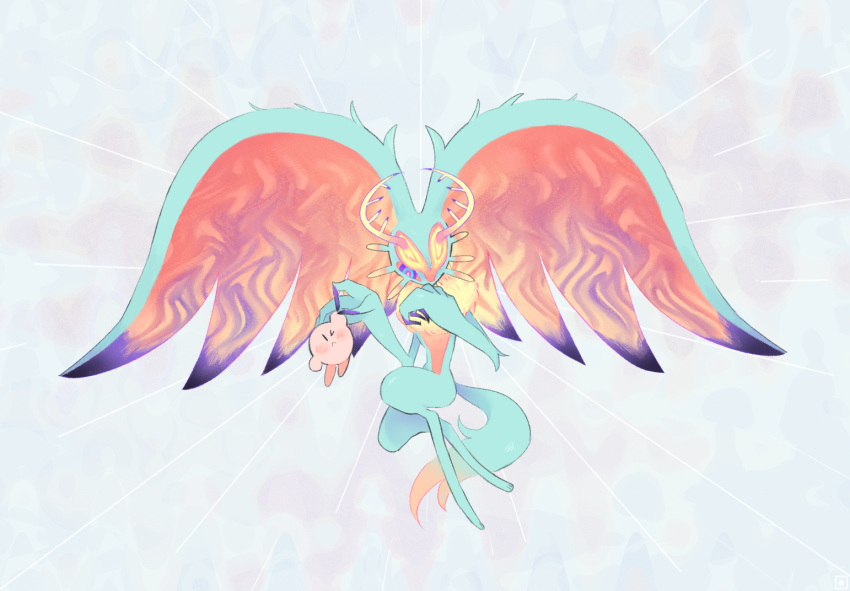 antlers, claws, colored_skin, fecto_elfilis, full_body, furry, horns, kirby, kirby_(series), kirby_and_the_forgotten_land, multicolored_eyes, one_eye_closed, pink_skin, rival-ado, tail, wing_ears, yellow_fur