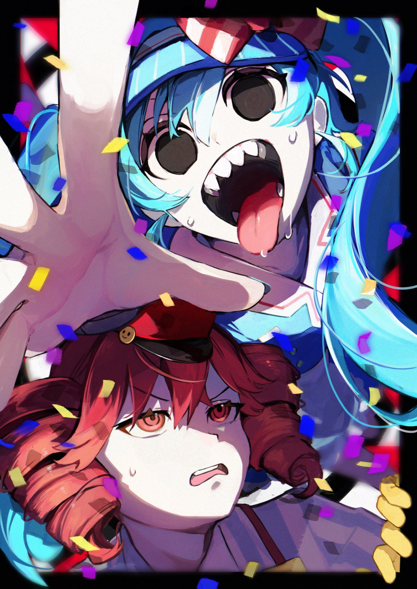 2girls, :d, apron, aqua_hair, black_border, black_eyes, black_mouth, blue_dress