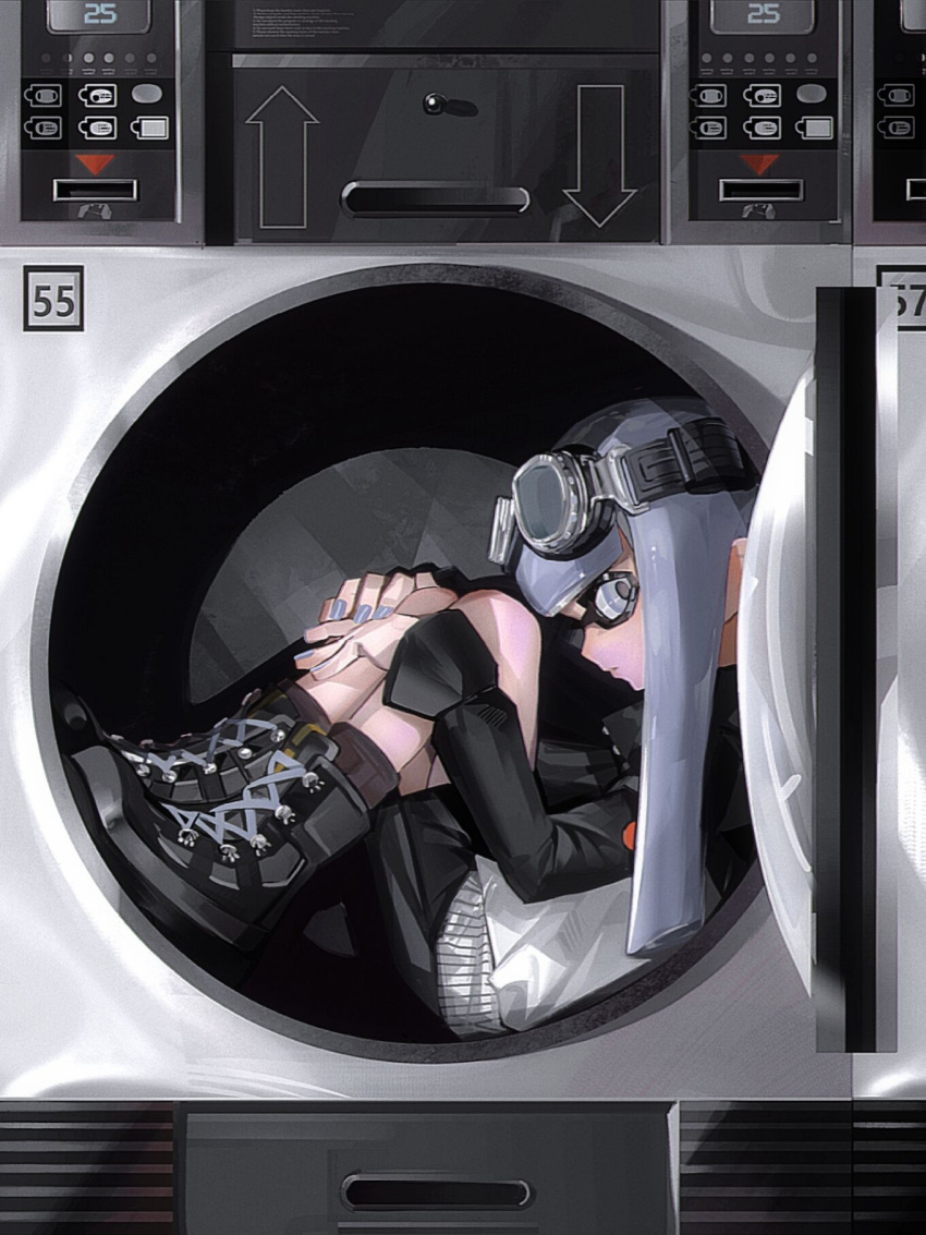 1girl, bent_back, black_footwear, black_shorts, black_sweater, blunt_bangs, blunt_ends, box