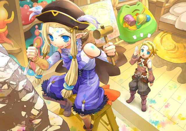artist_request, blonde_hair, blue_eyes, boots, canvas, canvas_(object), chisel, dahlia_(rune_factory)