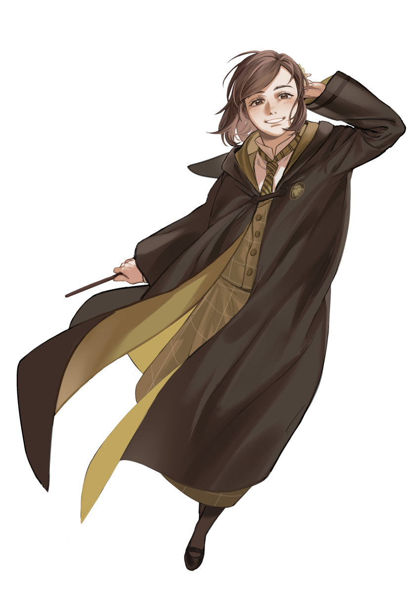 1girl, absurdres, black_coat, black_robe, brown_hair, coat, harry_potter_(series), highres