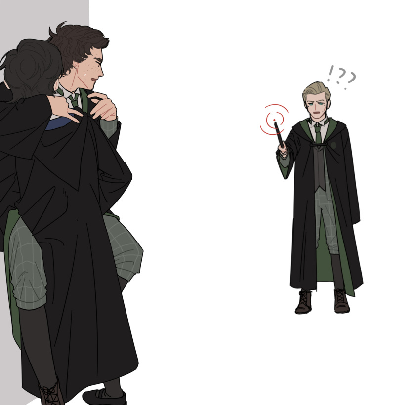 !?, 2boys, black_coat, black_hair, black_robe, blind, blonde_hair, brown_hair
