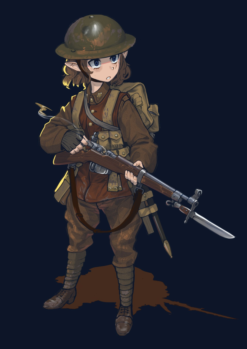 1girl, ammunition, ammunition_pouch, ankle_lace-up, backpack, bag, bayonet, belt, blue_eyes, bolt_action, boots, brodie_helmet, brown_footwear, brown_hair, brown_jacket, brown_pants, bullet, buttons, canada, canadian_army, casing_ejection, chin_strap, combat_helmet, commentary, commission, cross-laced_footwear, elf, entrenching_tool, erica_(naze1940), fingerless_gloves, full_body, gloves, gun, gun_sling, helmet, highres, holding, holding_gun, holding_weapon, jacket, lace-up_boots, leg_wrap, load_bearing_equipment, long_sleeves, medium_hair, military, military_uniform, open_mouth, original, pants, pointy_ears, pouch, puttee, rifle, ross_rifle, shadow, shell_casing, simple_background, soldier, solo, standing, teeth, uniform, weapon, world_war_i