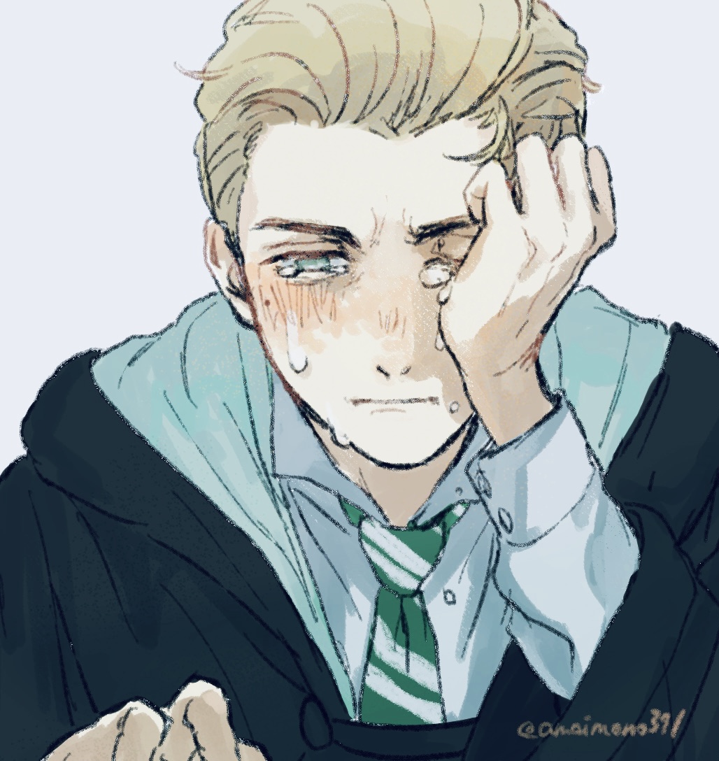 1boy, black_coat, black_robe, blind, blonde_hair, coat, crying, crying_with_eyes_open