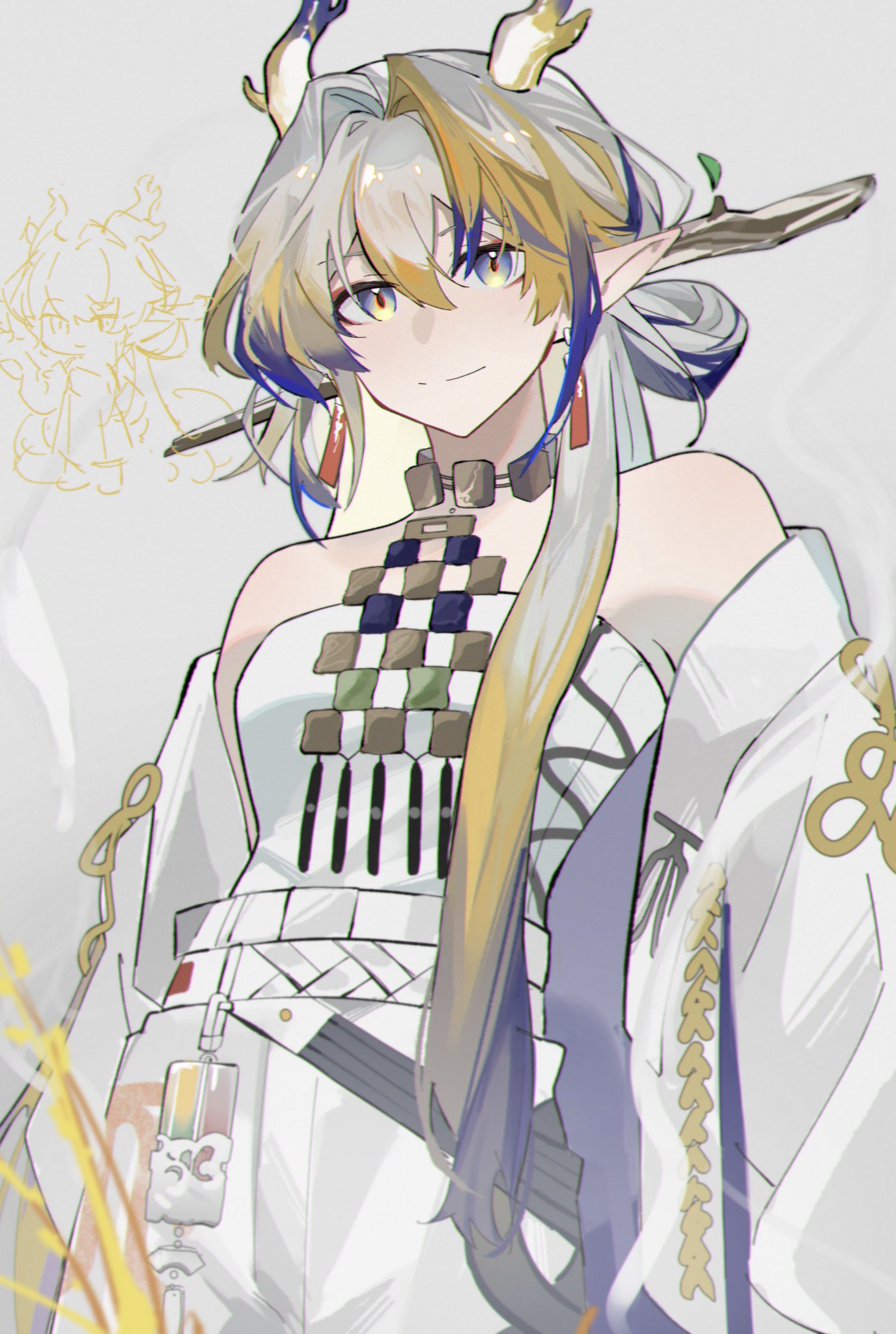 1girl, arknights, blonde_hair, blue_eyes, blue_hair, commentary, cowboy_shot, dragon_horns