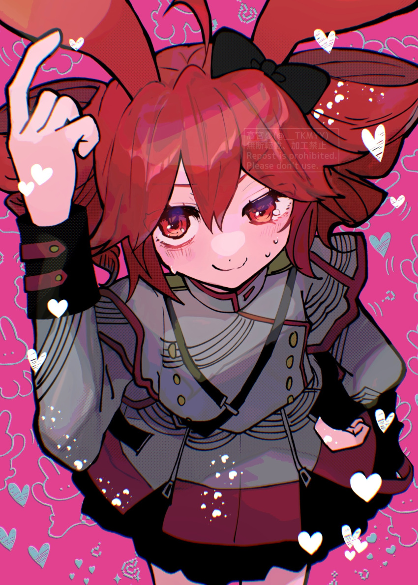 1girl, ahoge, animal_ears, arm_up, black_bow, blush, bow, bunny_day
