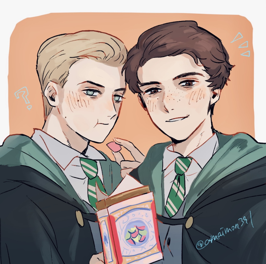 2boys, bertie_bott's_every_flavour_beans, black_coat, black_robe, blind, blonde_hair, brown_hair, coat